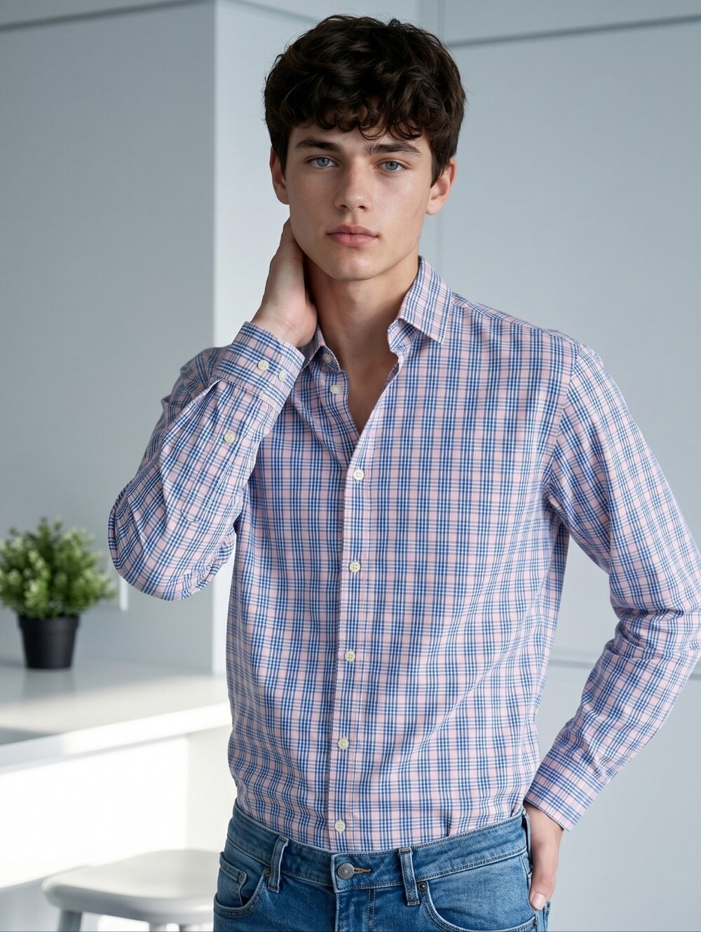 Tommy Hilfiger Boys Plaid Button Down Shirt Size 20 Pink Blue Stretch Cotton